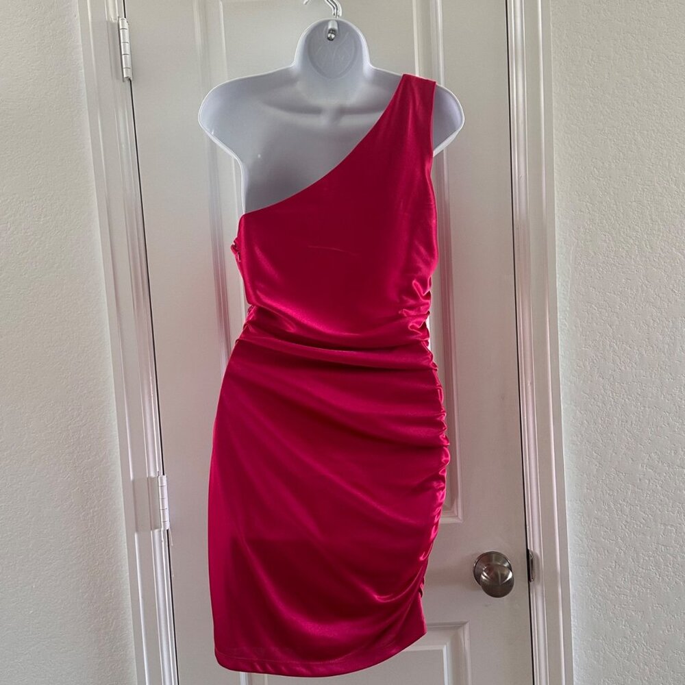 Speechless Womens One-Shoulder Pink Ruched Mini Dress With Rhinestone Embellishm - Picture 3 of 7